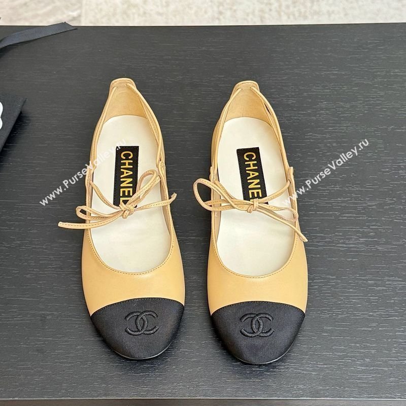 Chanel Lambskin Grosgrain Mary Janes Ballet Flats with Lace-up Beige Yellow 2025 G46324 (MD-250417132)