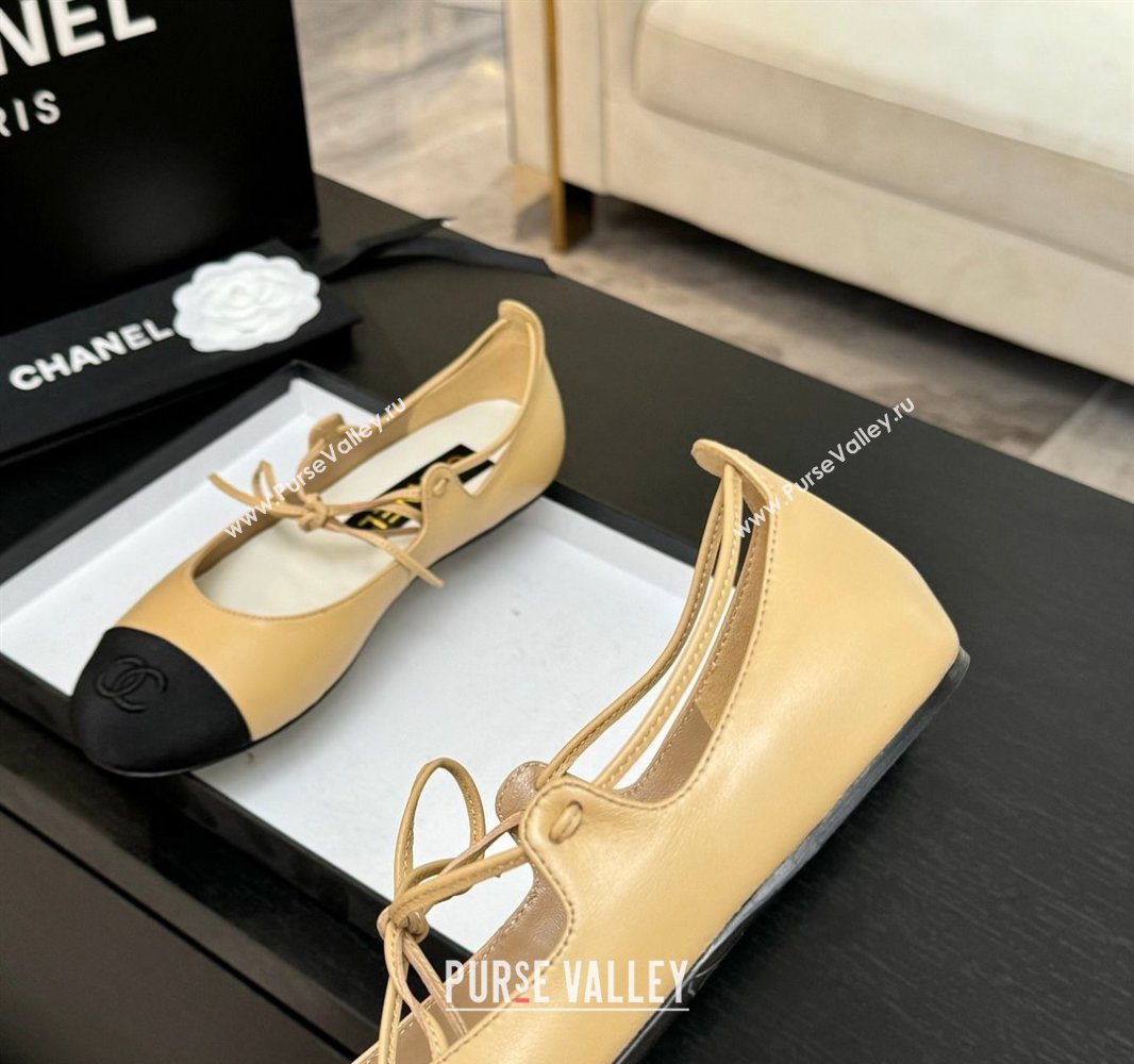 Chanel Lambskin Grosgrain Mary Janes Ballet Flats with Lace-up Beige Yellow 2025 G46324 (MD-250417132)