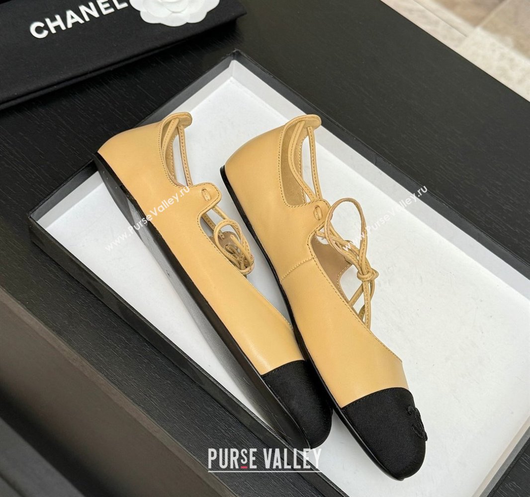 Chanel Lambskin Grosgrain Mary Janes Ballet Flats with Lace-up Beige Yellow 2025 G46324 (MD-250417132)