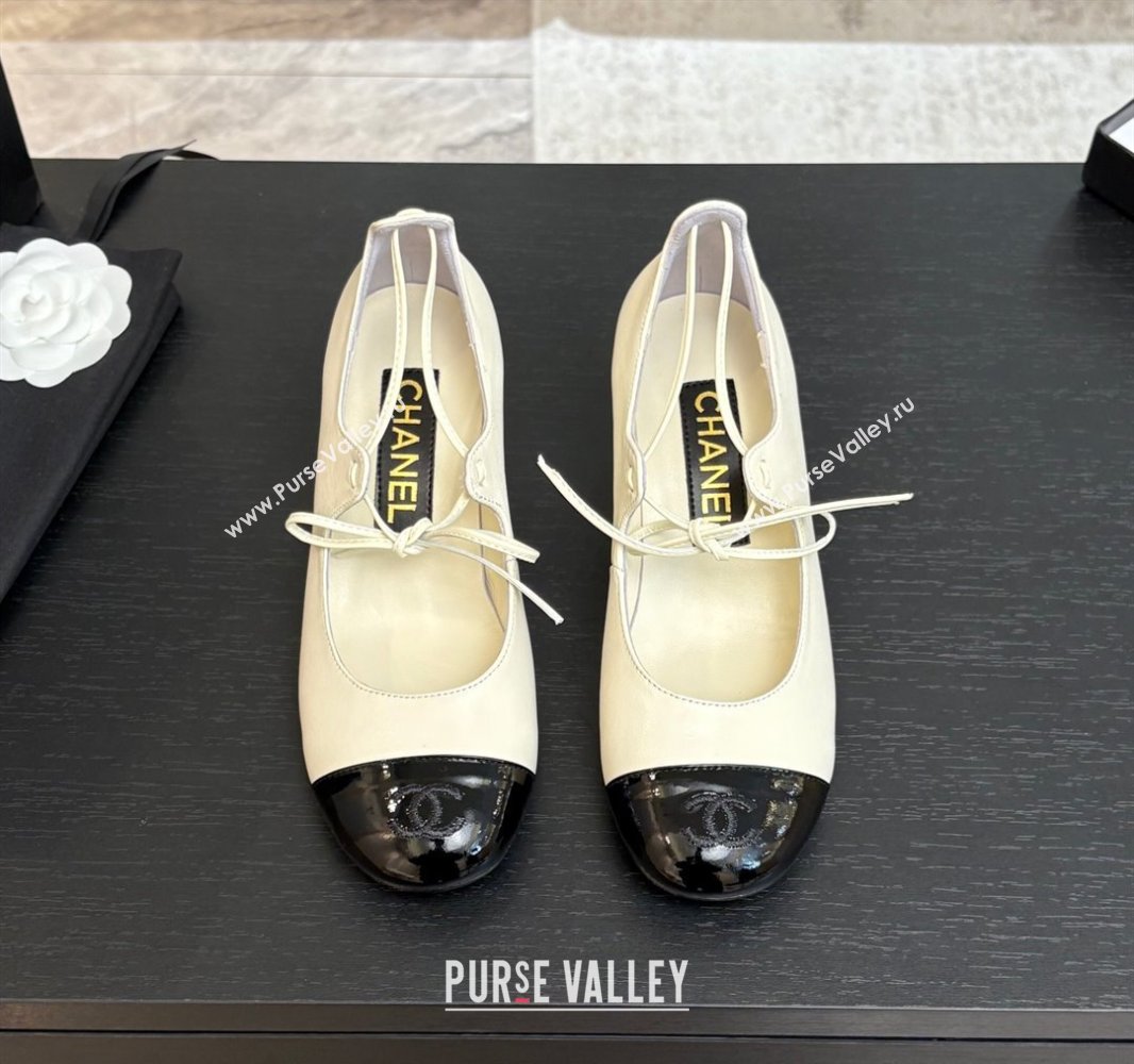 Chanel Lambskin Patent Calfskin Mary Janes Pumps 5cm with Lace-up White 2025 G46323 (MD-250417133)