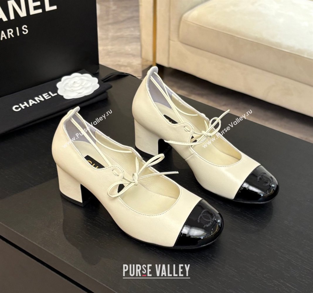 Chanel Lambskin Patent Calfskin Mary Janes Pumps 5cm with Lace-up White 2025 G46323 (MD-250417133)