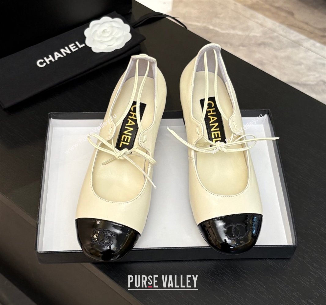 Chanel Lambskin Patent Calfskin Mary Janes Pumps 5cm with Lace-up White 2025 G46323 (MD-250417133)