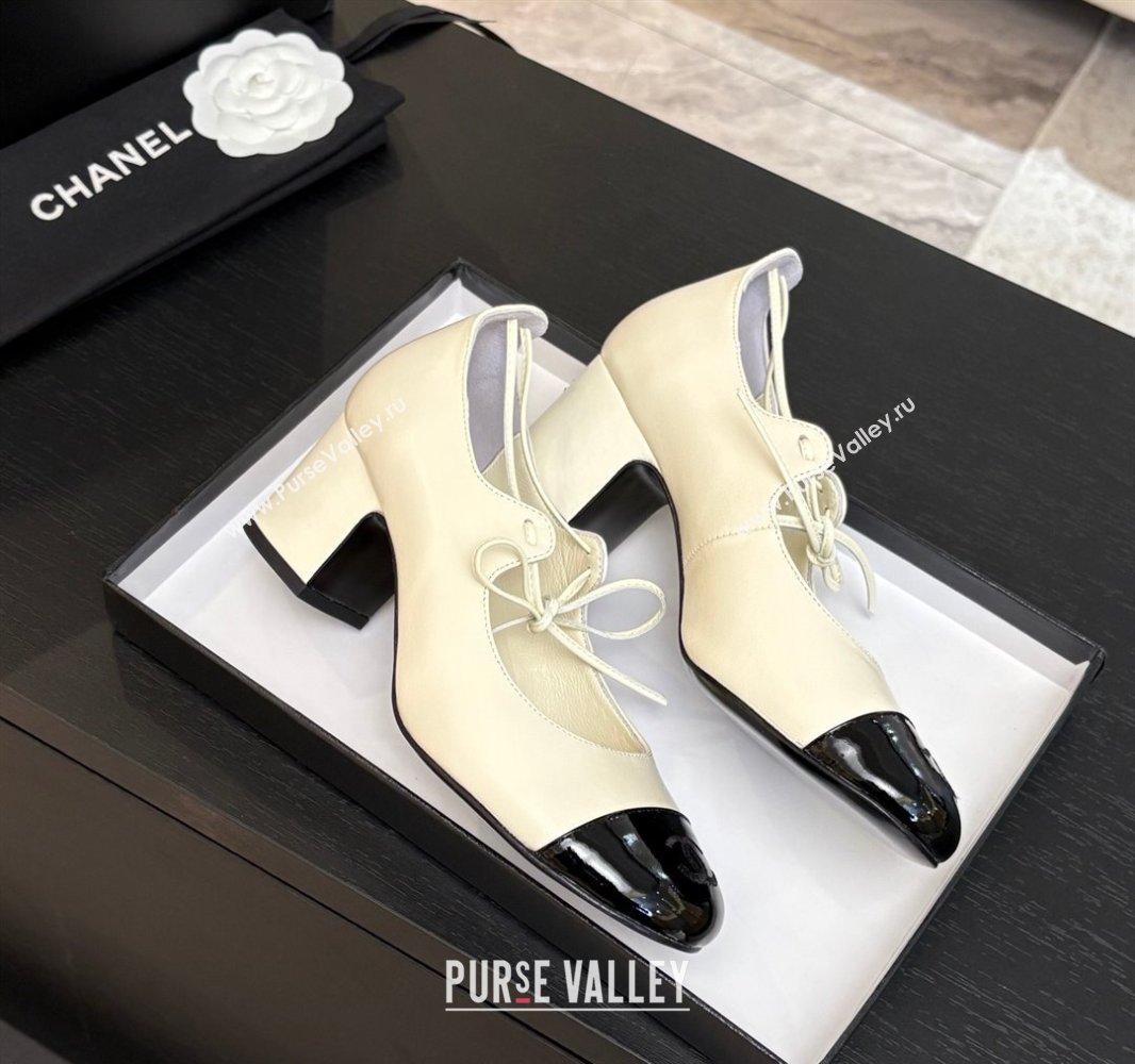 Chanel Lambskin Patent Calfskin Mary Janes Pumps 5cm with Lace-up White 2025 G46323 (MD-250417133)