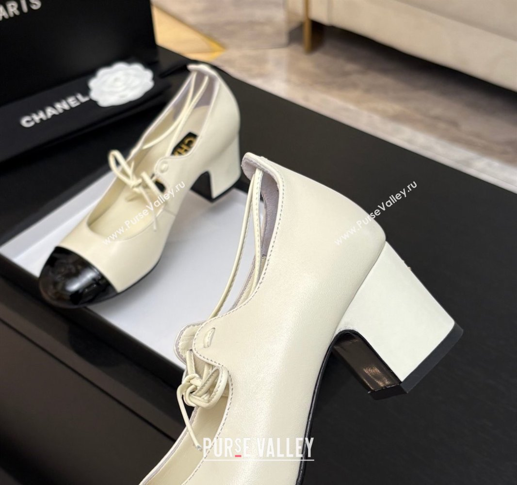 Chanel Lambskin Patent Calfskin Mary Janes Pumps 5cm with Lace-up White 2025 G46323 (MD-250417133)