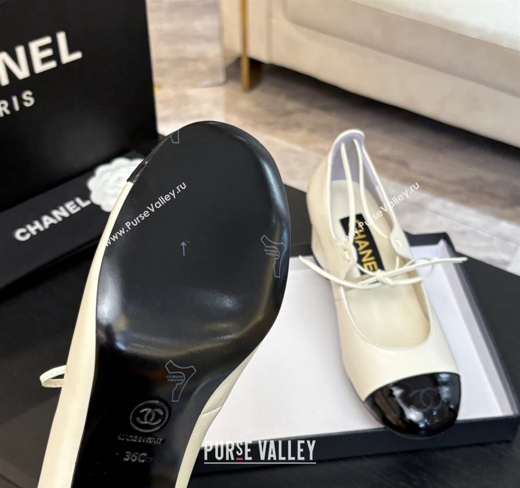 Chanel Lambskin Patent Calfskin Mary Janes Pumps 5cm with Lace-up White 2025 G46323 (MD-250417133)