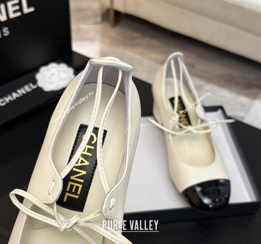 Chanel Lambskin Patent Calfskin Mary Janes Pumps 5cm with Lace-up White 2025 G46323 (MD-250417133)