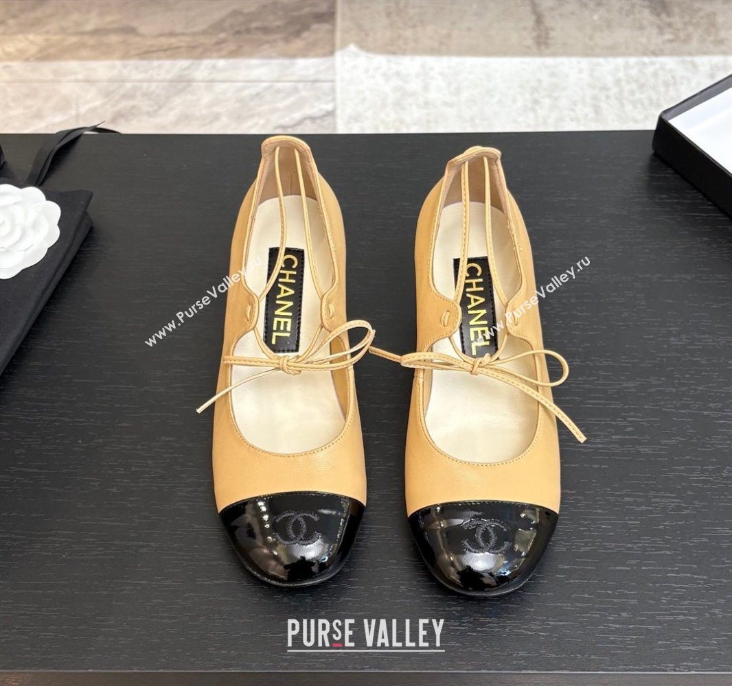 Chanel Lambskin Patent Calfskin Mary Janes Pumps 5cm with Lace-up Beige Yellow 2025 G46323 (MD-250417134)