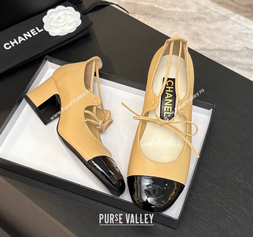 Chanel Lambskin Patent Calfskin Mary Janes Pumps 5cm with Lace-up Beige Yellow 2025 G46323 (MD-250417134)