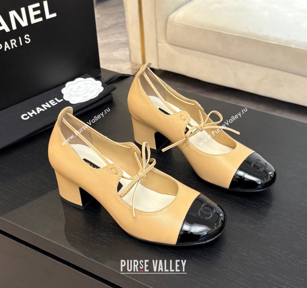 Chanel Lambskin Patent Calfskin Mary Janes Pumps 5cm with Lace-up Beige Yellow 2025 G46323 (MD-250417134)
