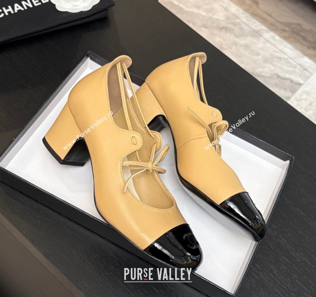 Chanel Lambskin Patent Calfskin Mary Janes Pumps 5cm with Lace-up Beige Yellow 2025 G46323 (MD-250417134)