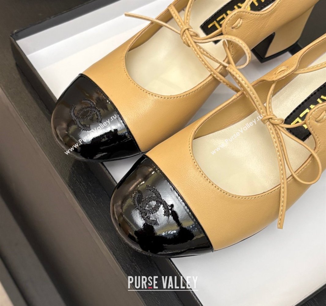 Chanel Lambskin Patent Calfskin Mary Janes Pumps 5cm with Lace-up Beige Yellow 2025 G46323 (MD-250417134)