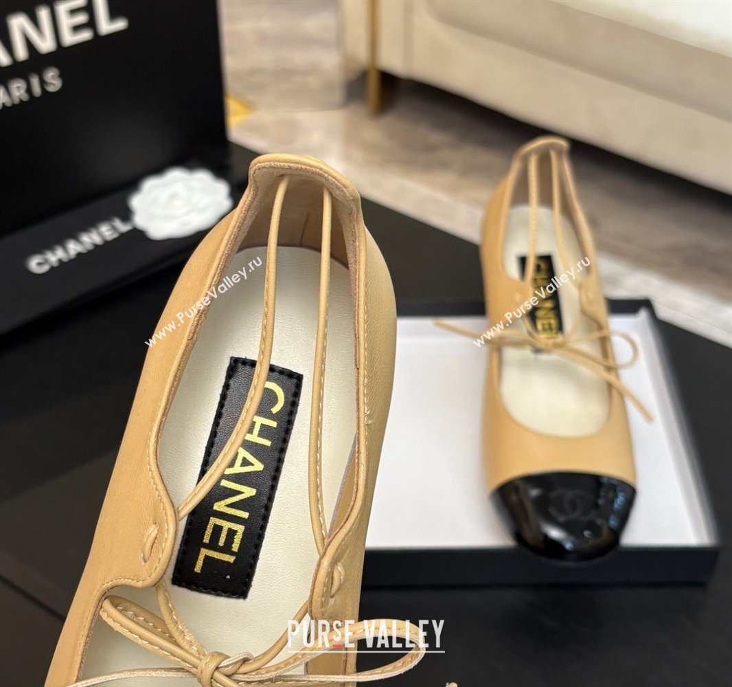 Chanel Lambskin Patent Calfskin Mary Janes Pumps 5cm with Lace-up Beige Yellow 2025 G46323 (MD-250417134)