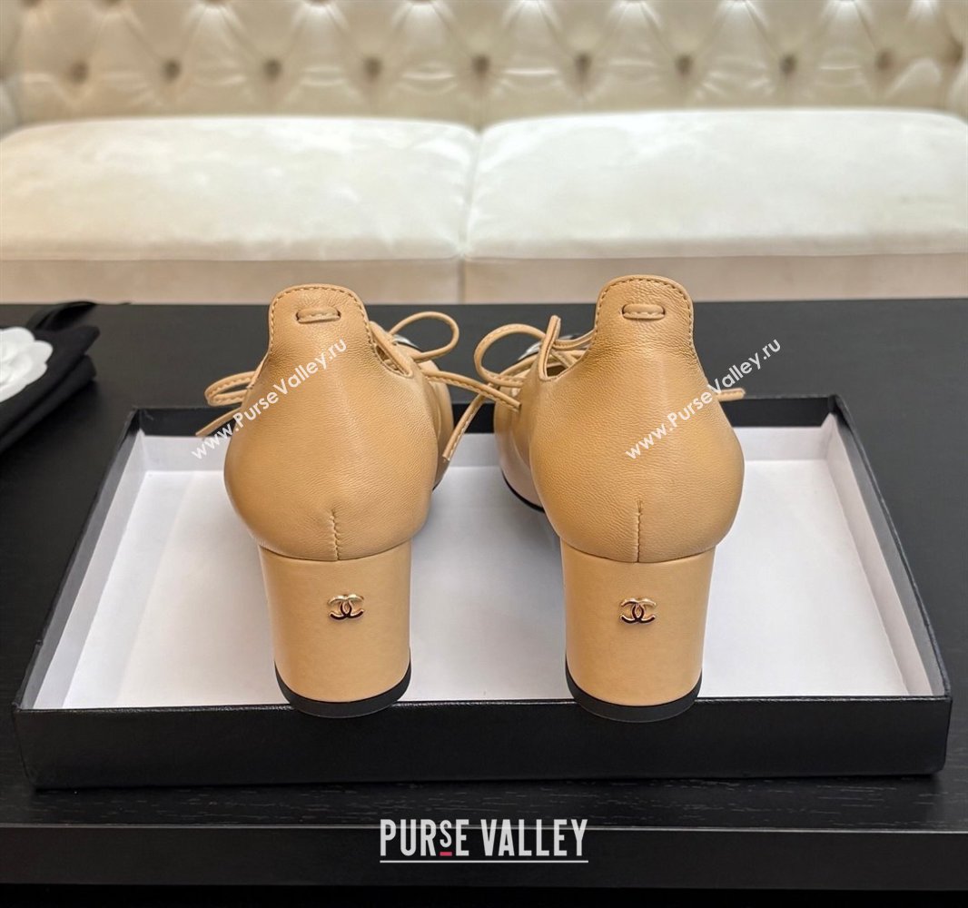 Chanel Lambskin Patent Calfskin Mary Janes Pumps 5cm with Lace-up Beige Yellow 2025 G46323 (MD-250417134)