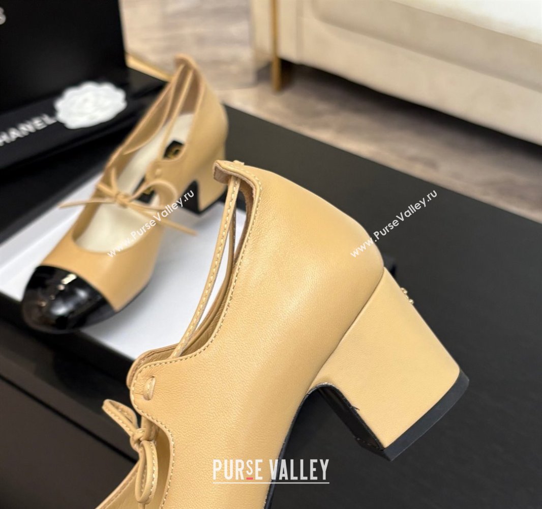 Chanel Lambskin Patent Calfskin Mary Janes Pumps 5cm with Lace-up Beige Yellow 2025 G46323 (MD-250417134)