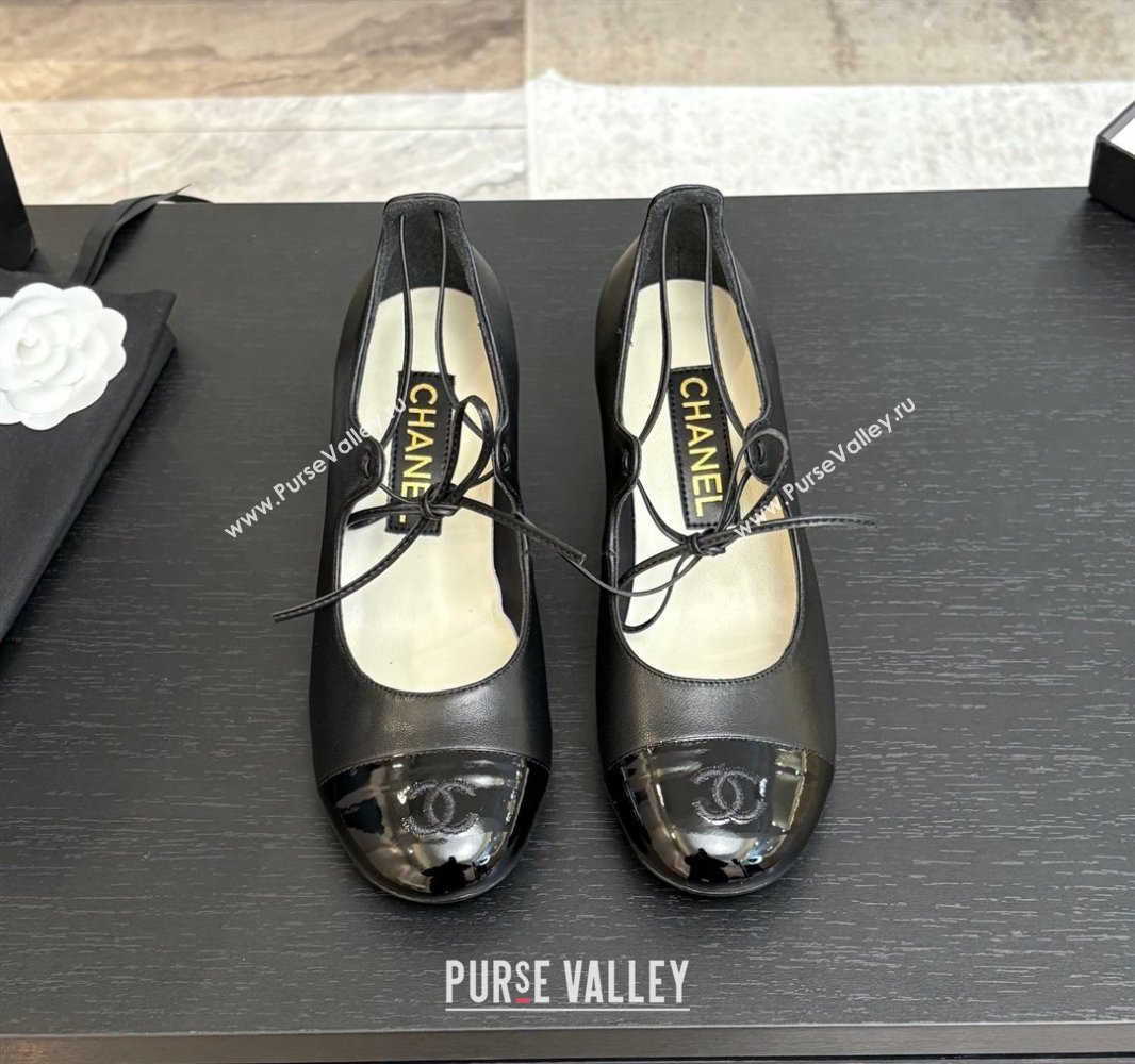 Chanel Lambskin Patent Calfskin Mary Janes Pumps 5cm with Lace-up Black 2025 G46323 (MD-250417135)