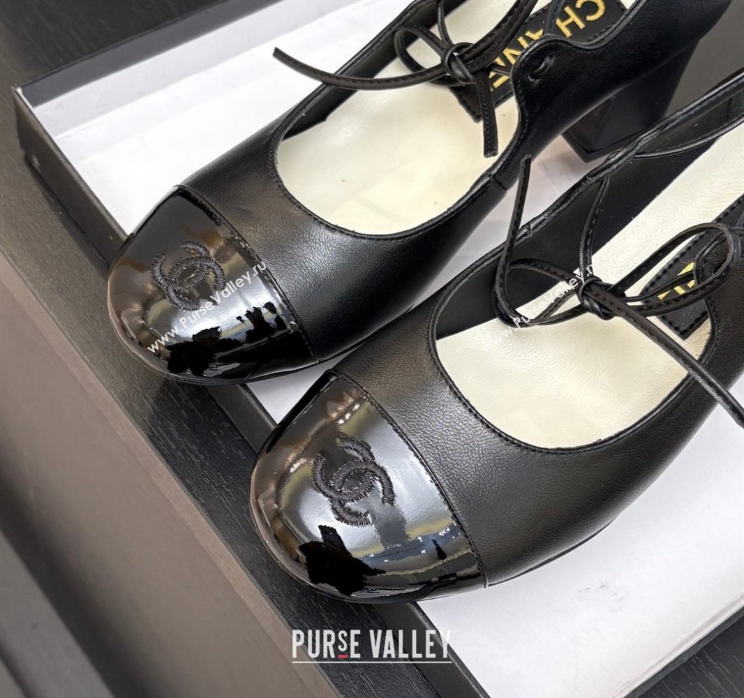 Chanel Lambskin Patent Calfskin Mary Janes Pumps 5cm with Lace-up Black 2025 G46323 (MD-250417135)