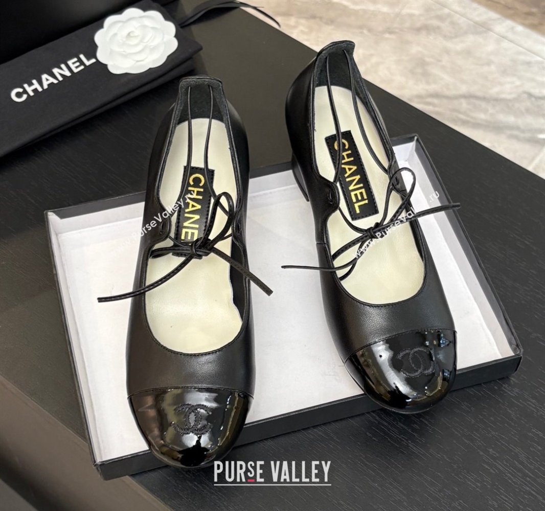 Chanel Lambskin Patent Calfskin Mary Janes Pumps 5cm with Lace-up Black 2025 G46323 (MD-250417135)