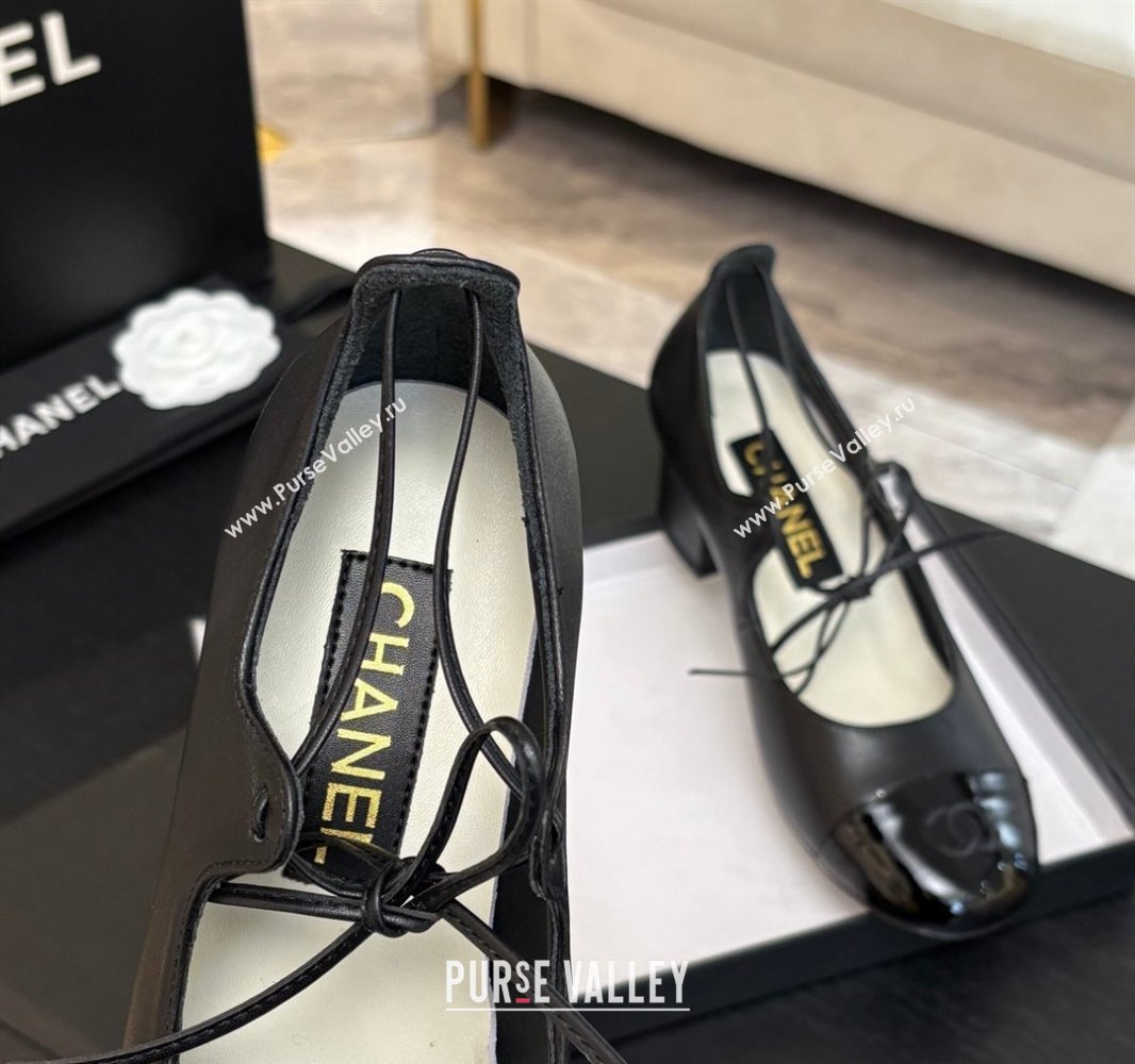 Chanel Lambskin Patent Calfskin Mary Janes Pumps 5cm with Lace-up Black 2025 G46323 (MD-250417135)