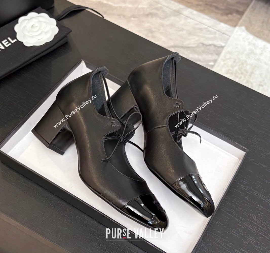 Chanel Lambskin Patent Calfskin Mary Janes Pumps 5cm with Lace-up Black 2025 G46323 (MD-250417135)