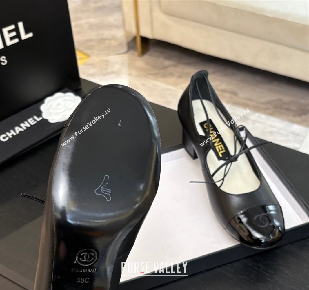 Chanel Lambskin Patent Calfskin Mary Janes Pumps 5cm with Lace-up Black 2025 G46323 (MD-250417135)