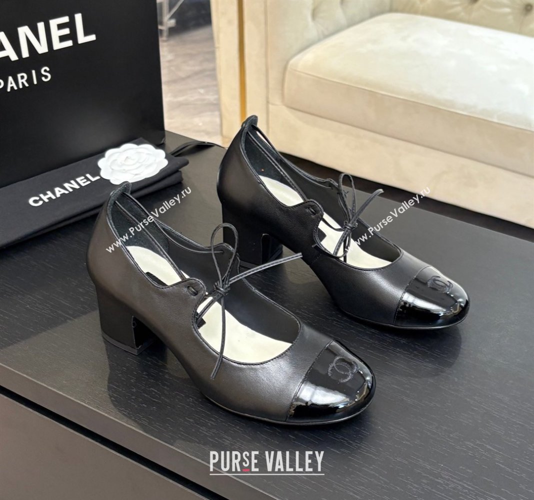 Chanel Lambskin Patent Calfskin Mary Janes Pumps 5cm with Lace-up Black 2025 G46323 (MD-250417135)