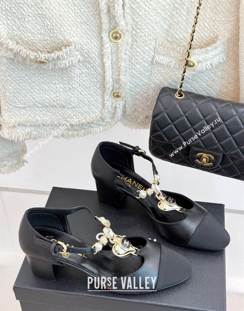 Chanel Lambskin Grosgrain Mary Janes Pumps 5.5cm with Heart Chain Charm Black 2025 CH041723 (MD-250417136)