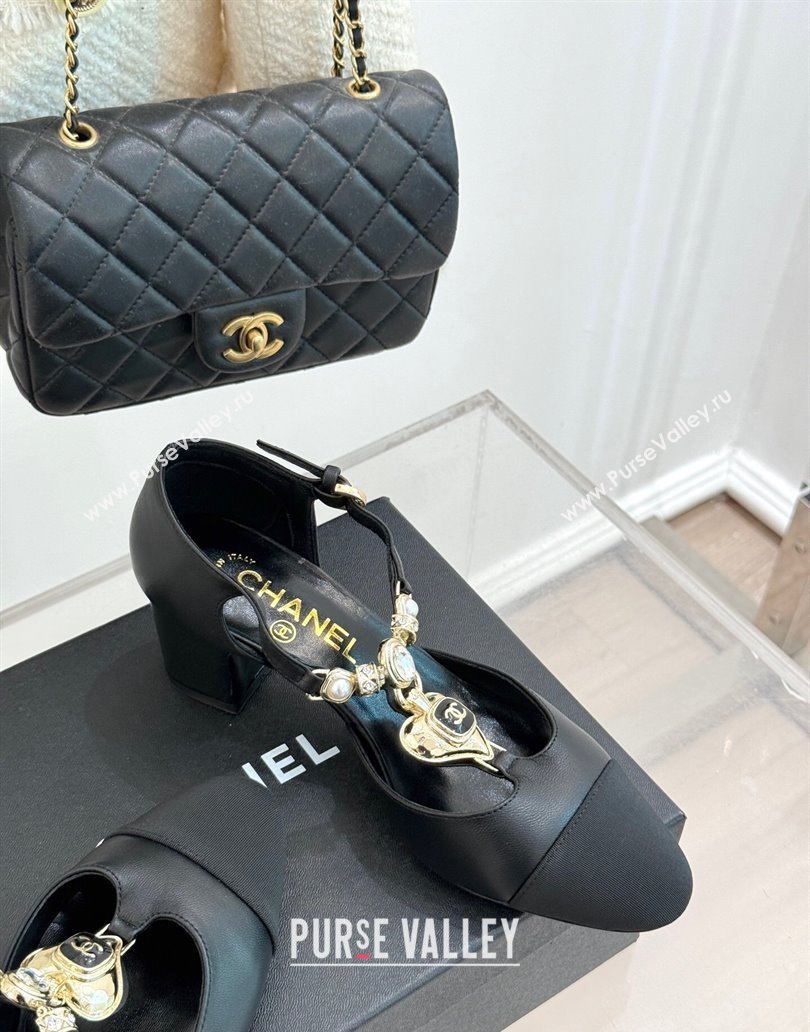 Chanel Lambskin Grosgrain Mary Janes Pumps 5.5cm with Heart Chain Charm Black 2025 CH041723 (MD-250417136)