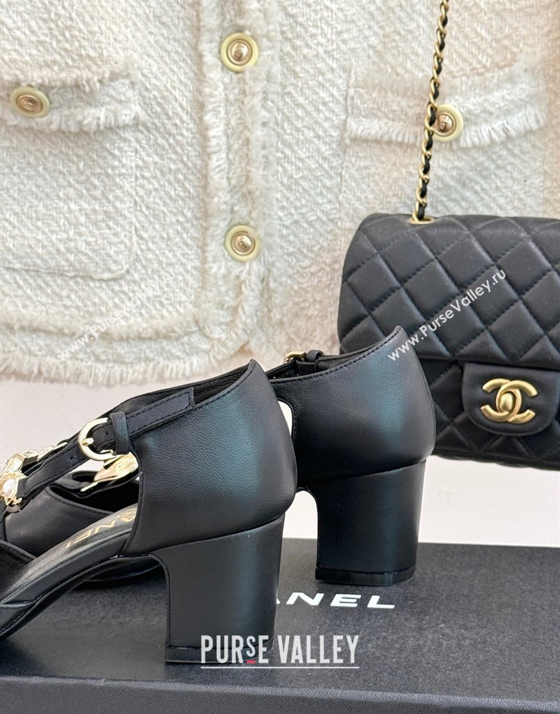Chanel Lambskin Grosgrain Mary Janes Pumps 5.5cm with Heart Chain Charm Black 2025 CH041723 (MD-250417136)