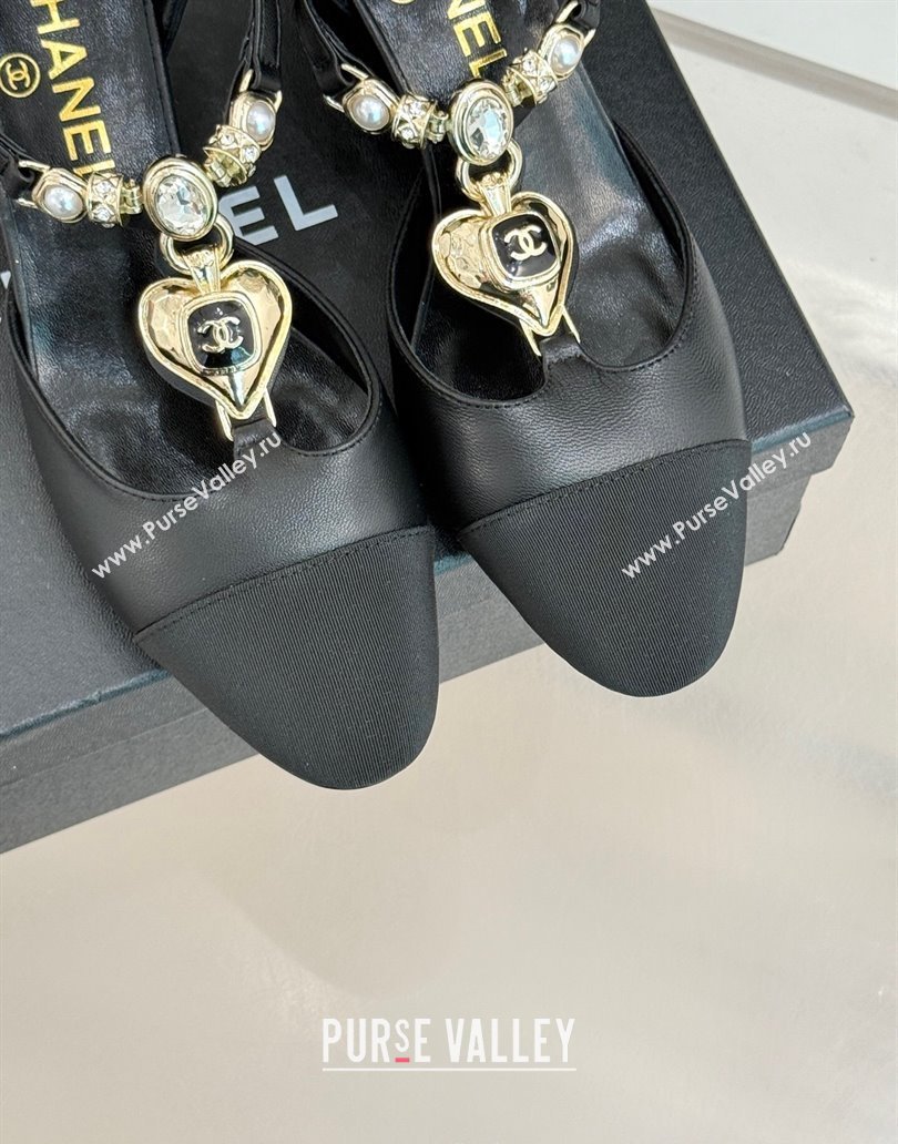 Chanel Lambskin Grosgrain Mary Janes Pumps 5.5cm with Heart Chain Charm Black 2025 CH041723 (MD-250417136)