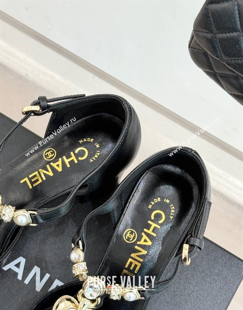 Chanel Lambskin Grosgrain Mary Janes Pumps 5.5cm with Heart Chain Charm Black 2025 CH041723 (MD-250417136)
