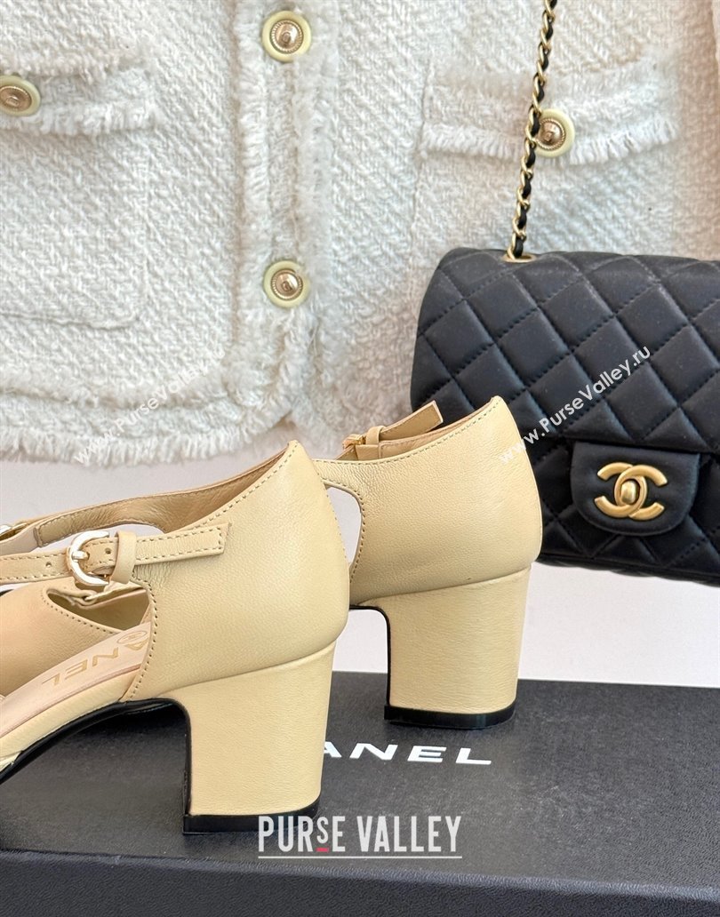 Chanel Lambskin Grosgrain Mary Janes Pumps 5.5cm with Heart Chain Charm Beige 2025 CH041723 (MD-250417137)