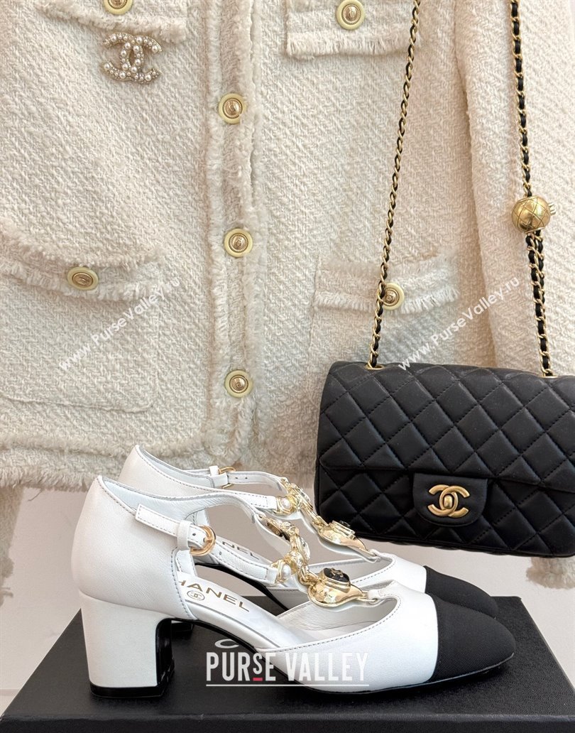 Chanel Lambskin Grosgrain Mary Janes Pumps 5.5cm with Heart Chain Charm White 2025 CH041723 (MD-250417138)