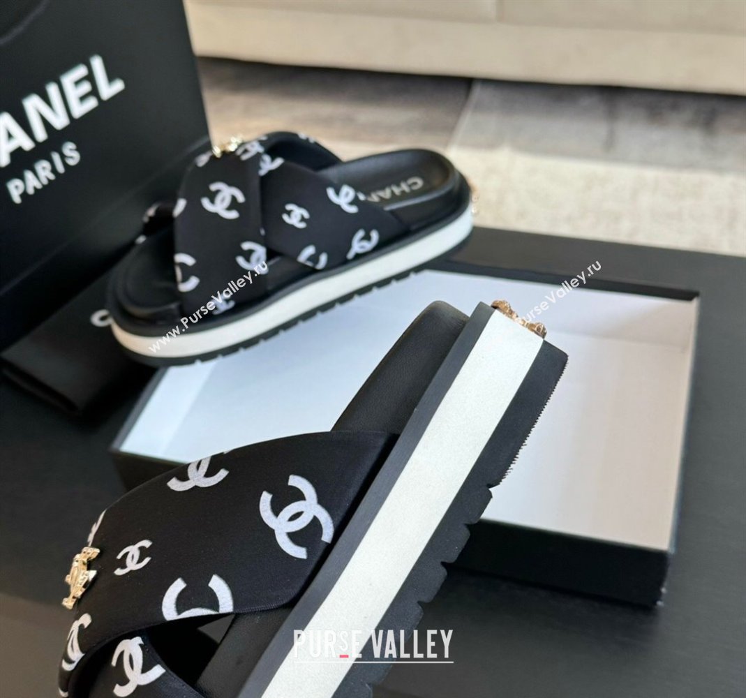 Chanel CC Printed Lambskin Platform Slides Sandal Black 2025 CH041712 (MD-250417050)