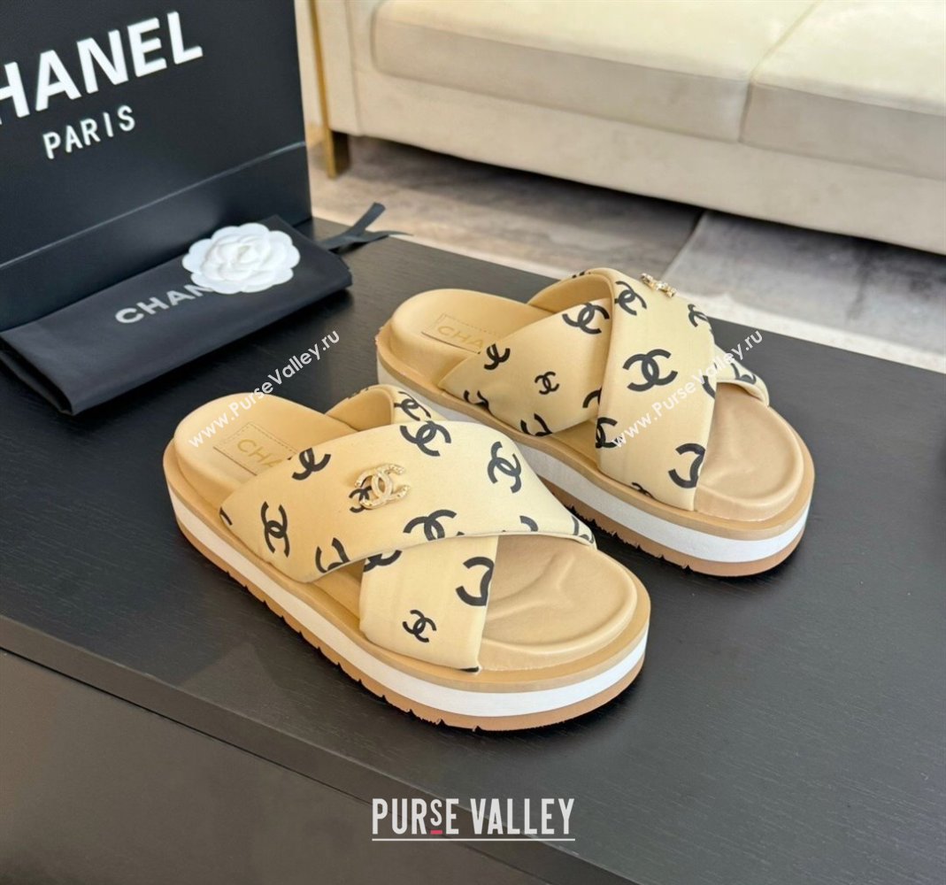 Chanel CC Printed Lambskin Platform Slides Sandal Beige 2025 CH041712 (MD-250417051)