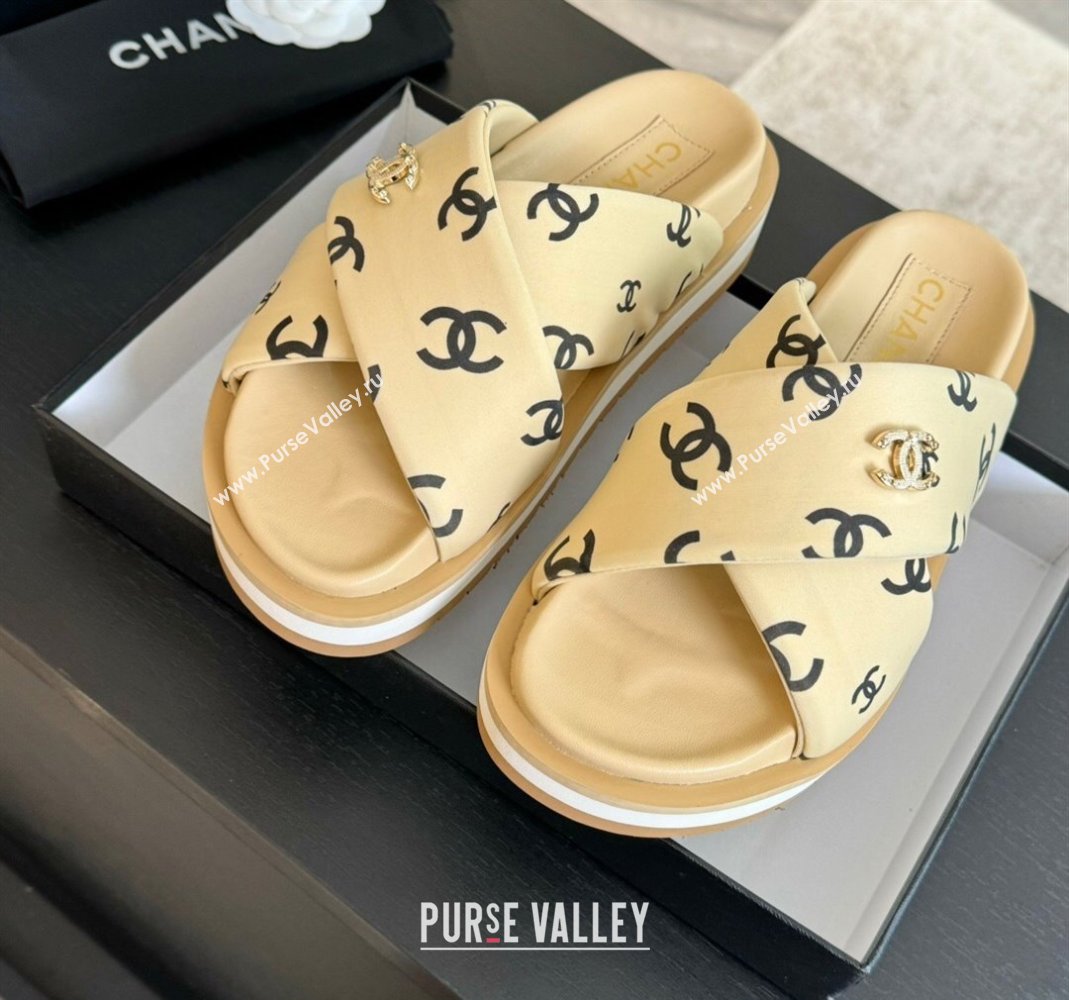 Chanel CC Printed Lambskin Platform Slides Sandal Beige 2025 CH041712 (MD-250417051)