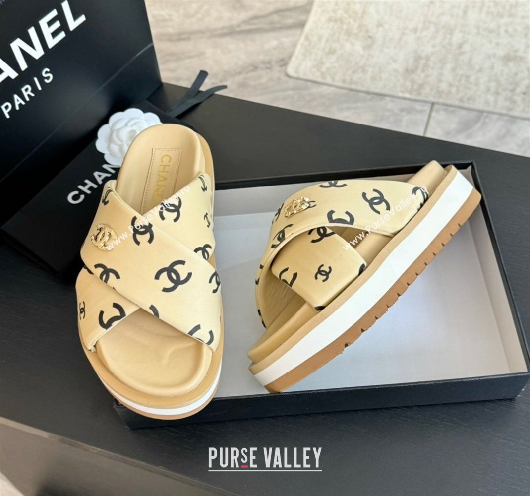 Chanel CC Printed Lambskin Platform Slides Sandal Beige 2025 CH041712 (MD-250417051)