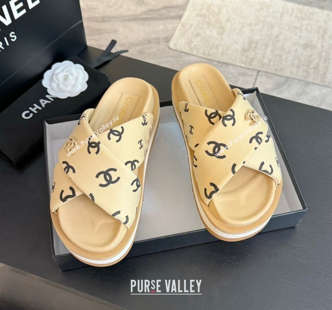 Chanel CC Printed Lambskin Platform Slides Sandal Beige 2025 CH041712 (MD-250417051)