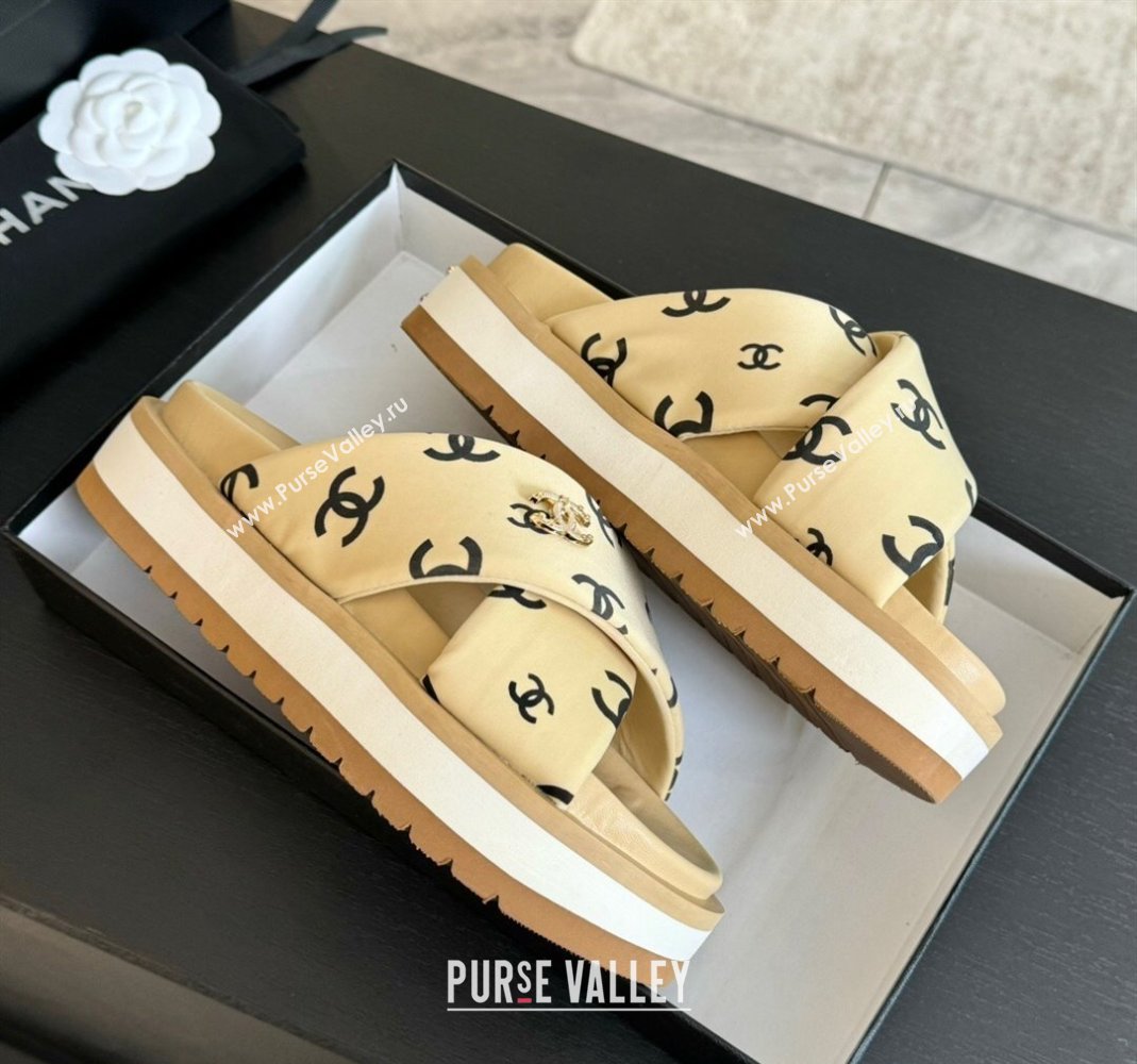 Chanel CC Printed Lambskin Platform Slides Sandal Beige 2025 CH041712 (MD-250417051)