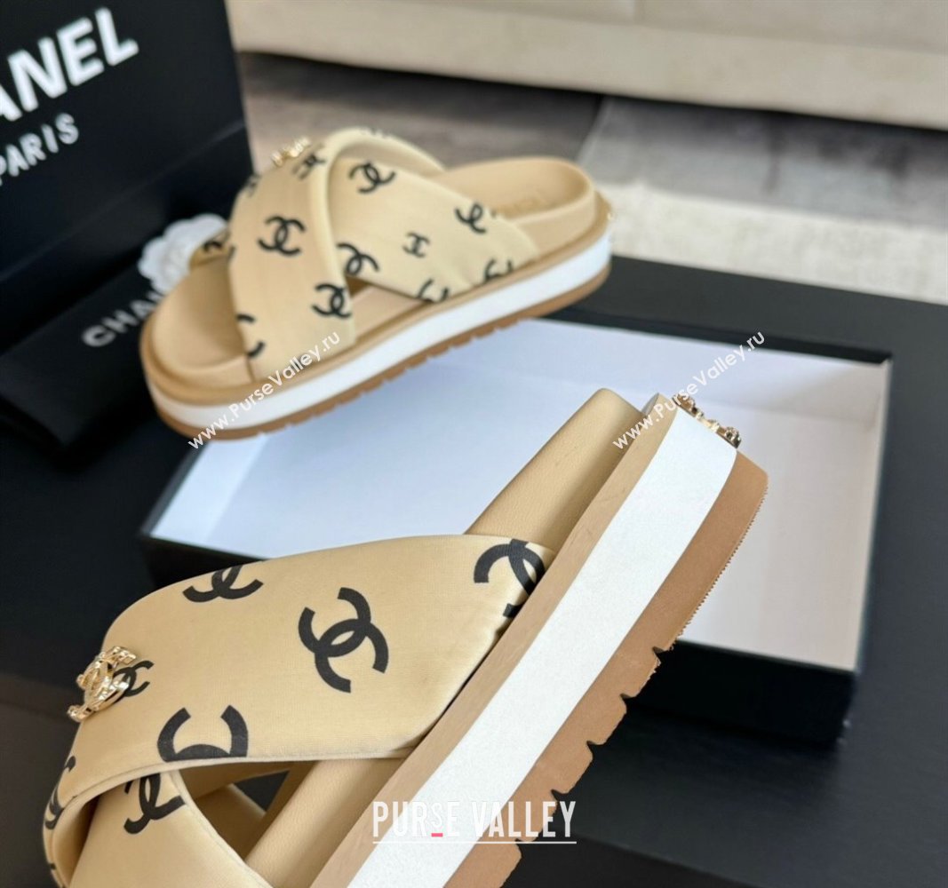 Chanel CC Printed Lambskin Platform Slides Sandal Beige 2025 CH041712 (MD-250417051)