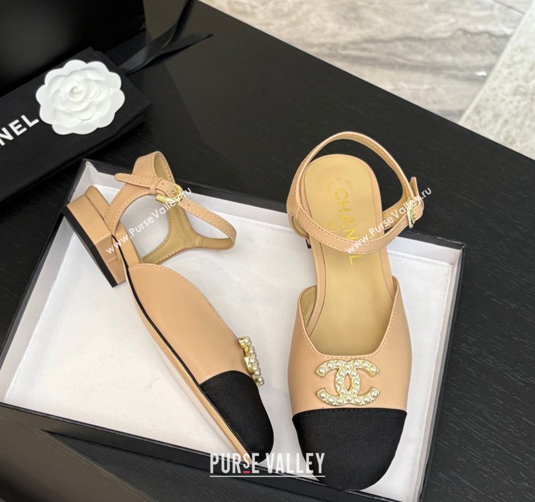 Chanel Calfskin Grosgrain Flat Sandals with Pearl CC Beige 2025 CH041720 (MD-250417110)
