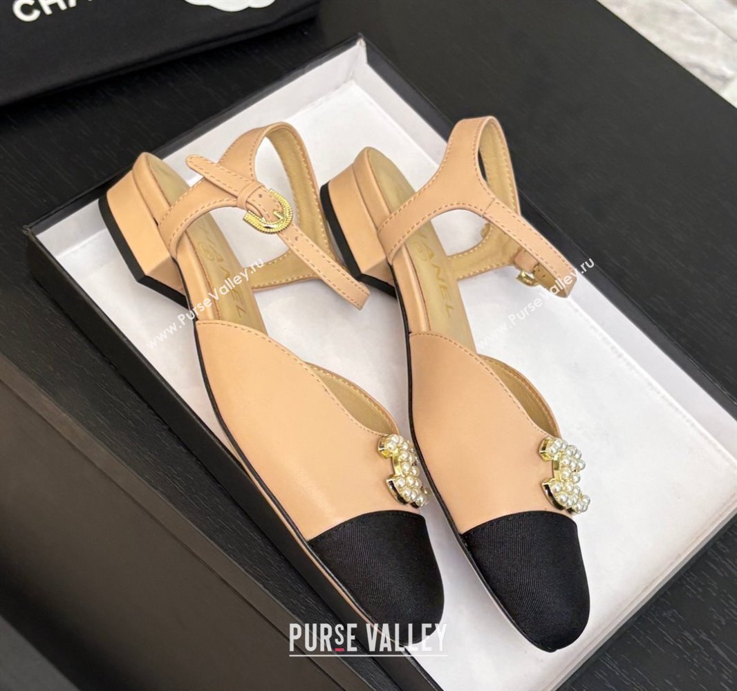 Chanel Calfskin Grosgrain Flat Sandals with Pearl CC Beige 2025 CH041720 (MD-250417110)