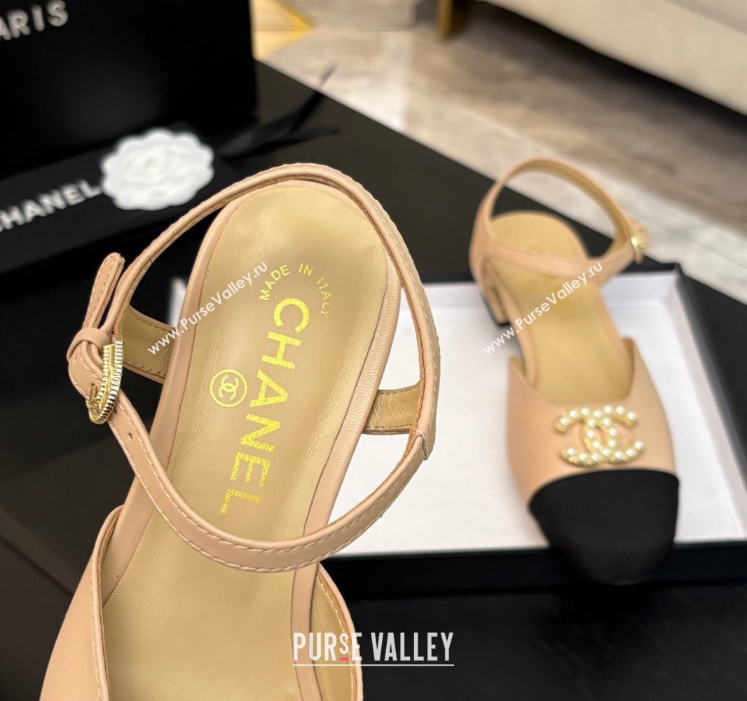 Chanel Calfskin Grosgrain Flat Sandals with Pearl CC Beige 2025 CH041720 (MD-250417110)