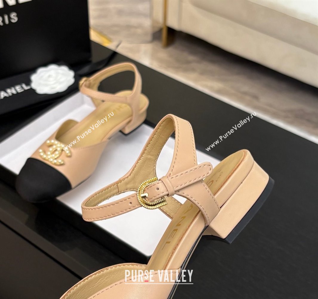 Chanel Calfskin Grosgrain Flat Sandals with Pearl CC Beige 2025 CH041720 (MD-250417110)