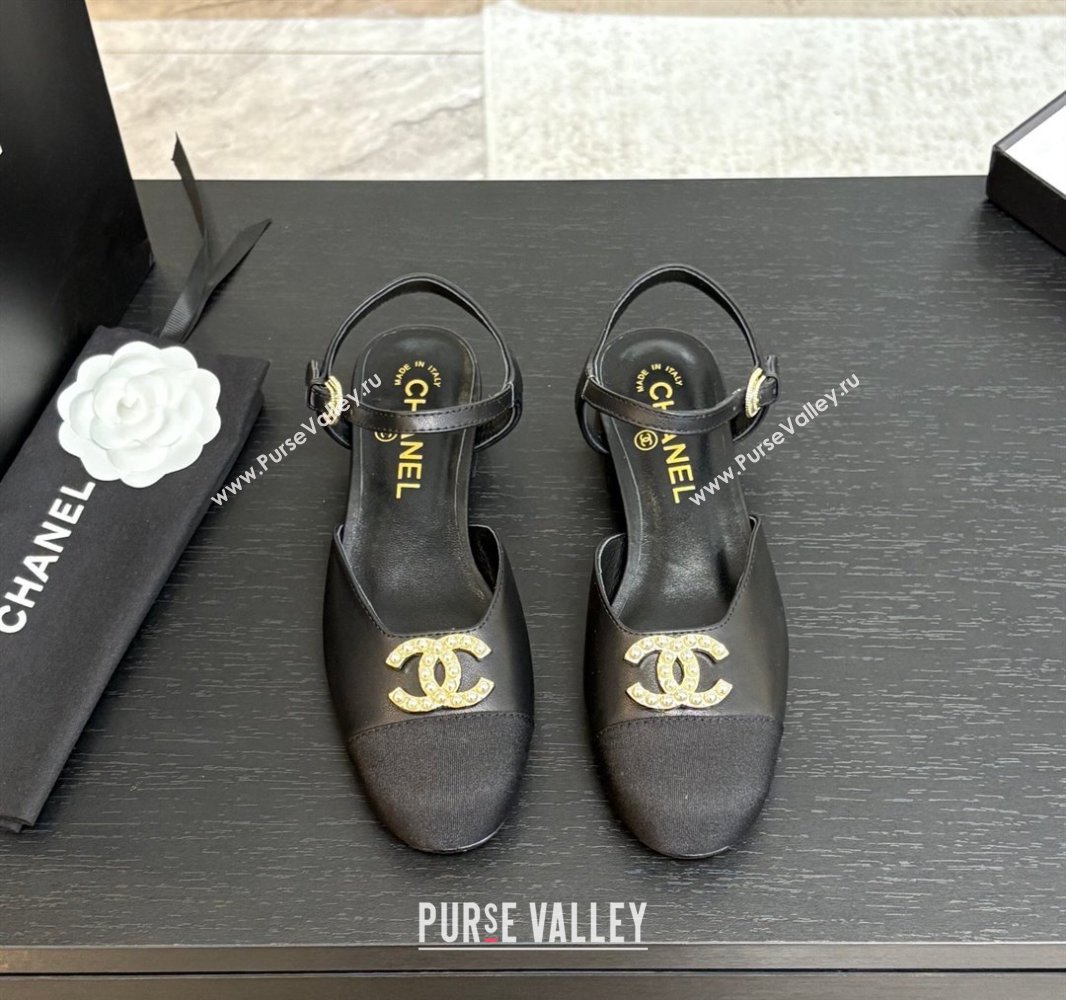 Chanel Calfskin Grosgrain Flat Sandals with Pearl CC Black 2025 CH041720 (MD-250417111)