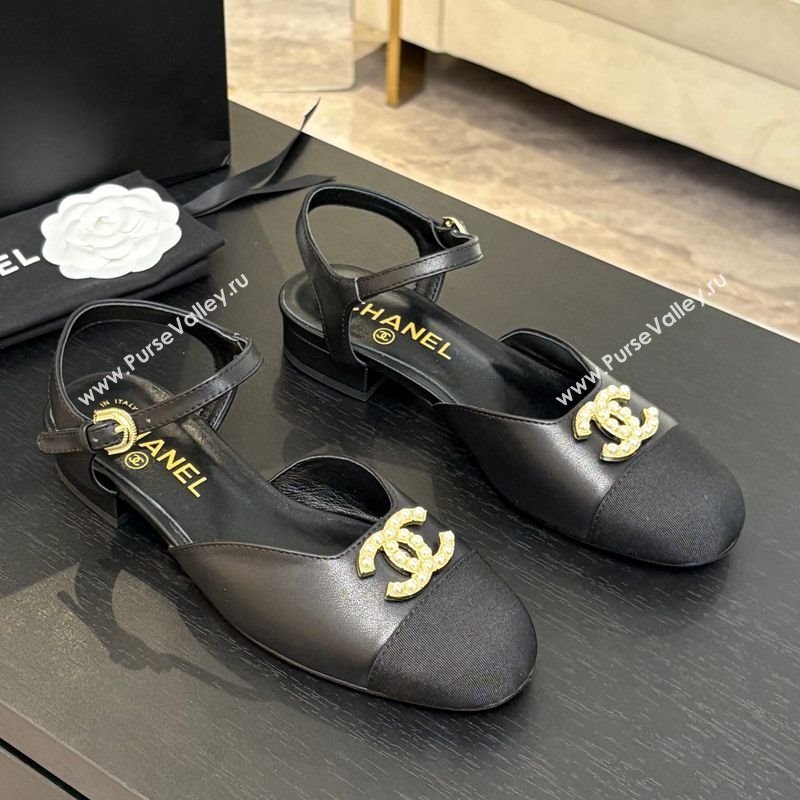 Chanel Calfskin Grosgrain Flat Sandals with Pearl CC Black 2025 CH041720 (MD-250417111)
