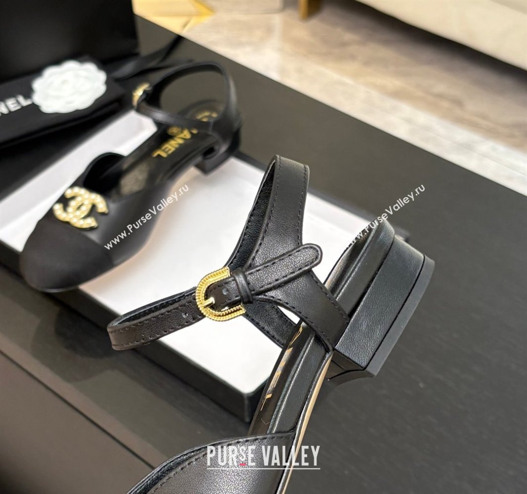 Chanel Calfskin Grosgrain Flat Sandals with Pearl CC Black 2025 CH041720 (MD-250417111)