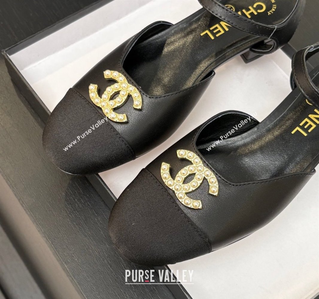 Chanel Calfskin Grosgrain Flat Sandals with Pearl CC Black 2025 CH041720 (MD-250417111)