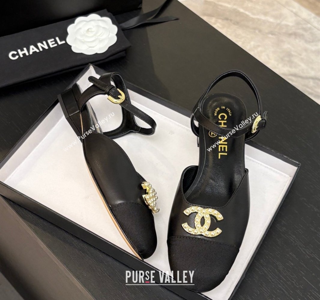 Chanel Calfskin Grosgrain Flat Sandals with Pearl CC Black 2025 CH041720 (MD-250417111)