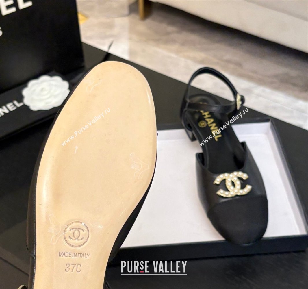 Chanel Calfskin Grosgrain Flat Sandals with Pearl CC Black 2025 CH041720 (MD-250417111)