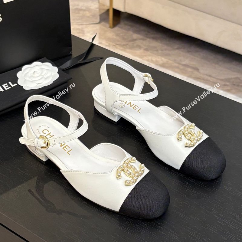 Chanel Calfskin Grosgrain Flat Sandals with Pearl CC White 2025 CH041720 (MD-250417112)